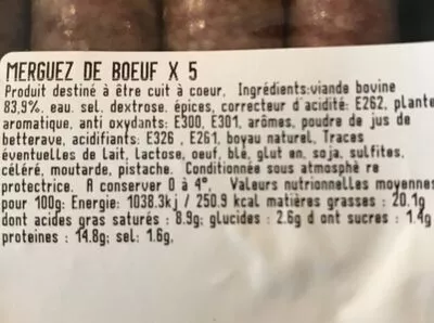 Lista de ingredientes del producto Merguez de boeuf  