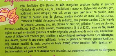 Lista de ingredientes del producto 4 feuilletés Jambon et Fromage surgelés Maréval 240 g