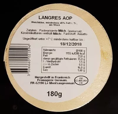 Lista de ingredientes del producto Langres AOP Langres AOP 