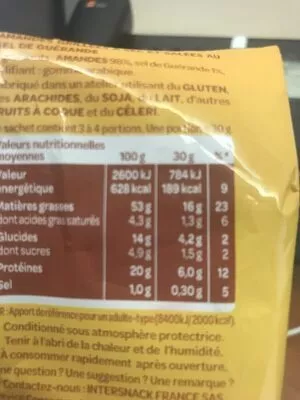 Lista de ingredientes del producto Amandes Grillées à Sec au Sel de Guérande Vico, Intersnack 100 g