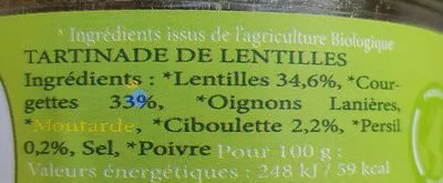 Lista de ingredientes del producto Tartinade De Lentilles Courgettes Herbes Fines Bio Élisabeth Patignac 180 g