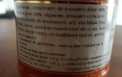 Lista de ingredientes del producto Sauce Bolognaise M. de Turenne 