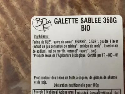 Lista de ingredientes del producto Galette sablée nature BIO 350g BPA 350g