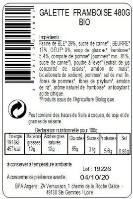 Lista de ingredientes del producto La galette sablée fourrage framboise bio 480g BPA 480g