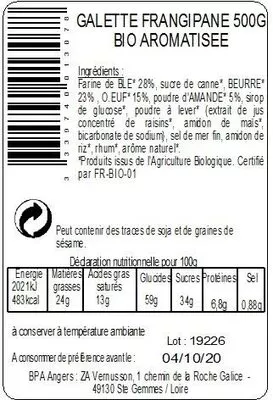 Lista de ingredientes del producto Galette sablée frangipane BIO 500G BPA 500g