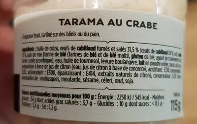 Lista de ingredientes del producto Tarama Au Crabe La Grande Epicerie de Paris 