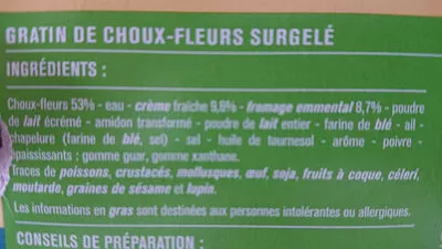 Lista de ingredientes del producto Gratin de choux-fleurs surgelé Monoprix 450 g