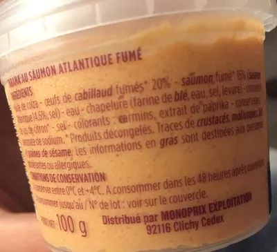 Lista de ingredientes del producto Tarama au saumon fumé Monoprix 