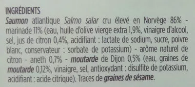 Lista de ingredientes del producto Tartare de saumon cru Monoprix gourmet 100g