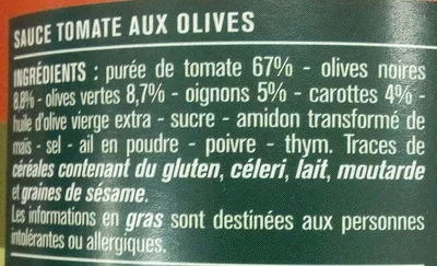 Lista de ingredientes del producto Sauce Tomate Olives Monoprix 420 g