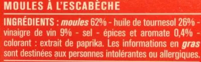 Lista de ingredientes del producto Moules à l'escabèche, recette espagnole Monoprix 111g