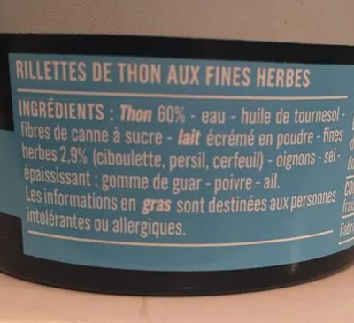 Lista de ingredientes del producto Rillettes de thon aux herbes Monoprix 120 g