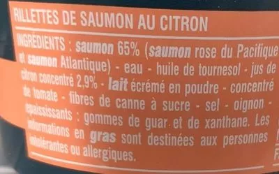 Lista de ingredientes del producto Rillettes de saumon au citron Monoprix 120 g