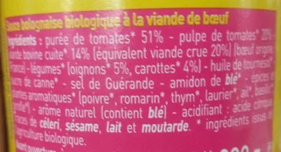 Lista de ingredientes del producto Sauce pour pâtes - Bolognaise Monoprix Bio, Monoprix 200 g