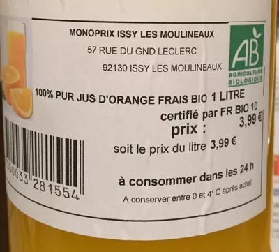 Lista de ingredientes del producto 100% Pur Jus d'Orange Frais Bio Monoprix 1 L