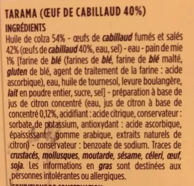 Lista de ingredientes del producto Tarama Premium Monoprix Gourmet, Monoprix 180 g