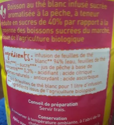 Lista de ingredientes del producto Thé Blanc infuse saveur pêche Monoprix Bio, Monoprix 1 L