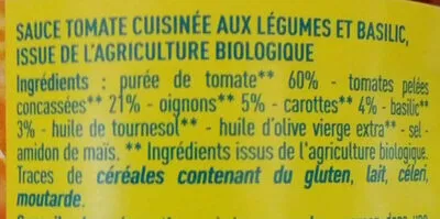 Lista de ingredientes del producto Sauce tomate cuisinée aux légumes et aux basilic Monoprix Bio 