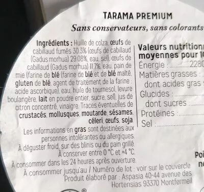 Lista de ingredientes del producto Tarama premium  115 g