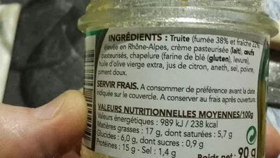 Lista de ingredientes del producto Rillettes TRUITE de Rhône-Alpes Cuisine du Pêcheur 