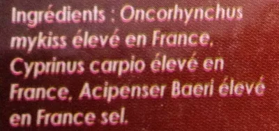 Lista de ingredientes del producto Assiette du Pêcheur Carpe Esturgeon Truite Fumés le petit Fumé 130 g (2 personnes)