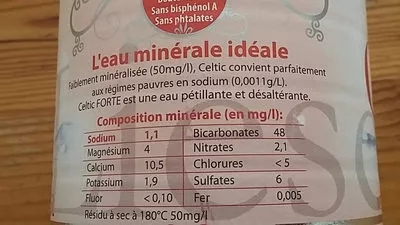 Lista de ingredientes del producto EAU FORTE 1.5L CELTIC BOUTEILLE PET Celtic 