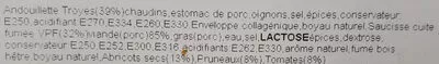 Lista de ingredientes del producto Brochettes campagnardes congelées andouillette et saucisse fumée (sans marque) 375 g (3 x 125 g)