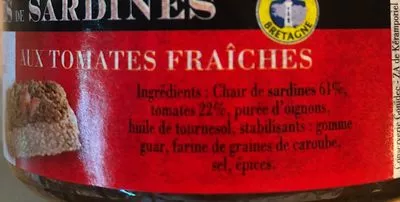 Lista de ingredientes del producto Rillettes de sardines aux tomates fraiches Jacques gonidec 