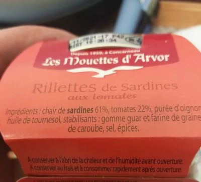 Lista de ingredientes del producto Rillettes de Sardines aux tomates Les Mouettes d'Arvor 125 g