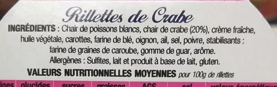 Lista de ingredientes del producto Rillettes de Crabe Les Mouettes d'Arvor 125 g