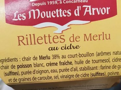 Lista de ingredientes del producto Rillettes merlu au cidre les mouettes d'arvor 125g