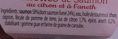 Lista de ingredientes del producto Rillettes de Saumon au citron et à l'aneth Les Mouettes d'Arvor 125 g