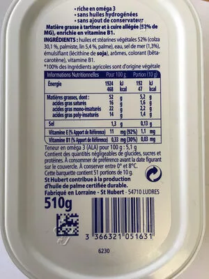 Lista de ingredientes del producto St Hubert Oméga 3 Demi-sel St Hubert, St Hubert Oméga 3 510 g