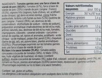 Lista de ingredientes del producto 2 tomates farcies et riz Toupargel 350 g