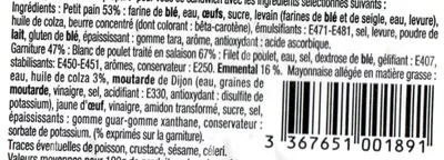 Lista de ingredientes del producto Les Minis Maxi Moelleux Blanc de Poulet Emmental Daunat 2 * 65 g (130 g)