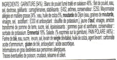 Lista de ingredientes del producto XXL Pain suédois Poulet fumé Emmental Daunat 230 g