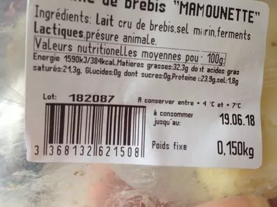 Lista de ingredientes del producto Tomme de brebis  