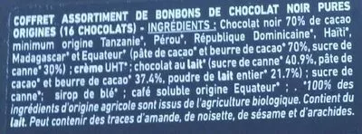 Lista de ingredientes del producto Chocolats noirs pures origines Saveurs&Nature 125 g