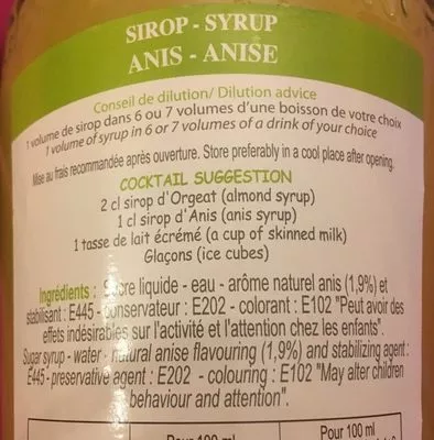 Lista de ingredientes del producto Sirop anis VEDRENNE Vedrenne 