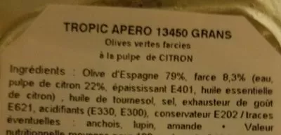 Lista de ingredientes del producto Olives vertes farcies a la pulpe de citron Tropic Apero 