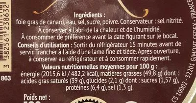 Lista de ingredientes del producto Bloc de foie gras de canard de Gascogne Ducs de Gascogne 130 g