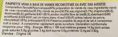 Lista de ingredientes del producto Paupiettes de Veau en ficelle à poêler Tendriade 420 g