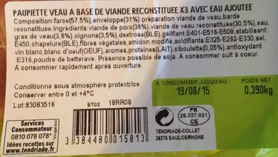 Lista de ingredientes del producto Paupiettes de veau Tendriade 390 g