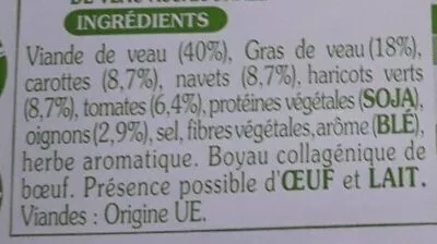 Lista de ingredientes del producto Saucisses de veau aux légumes du jardin Tendriade 550 g