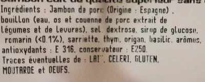 Lista de ingredientes del producto Noix de Jambon Espagnol aux Herbes Domaine Picard 160 g (4 tranches)