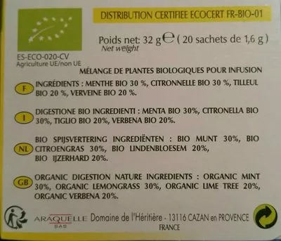 Lista de ingredientes del producto Tisane Digestion Nature Bio Romon Nature 20 Sachets