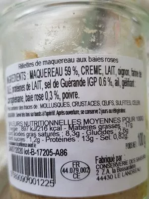 Lista de ingredientes del producto Rillettes de maquereau aux baies roses  