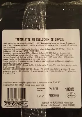 Lista de ingredientes del producto Tartiflette au Reblochon  