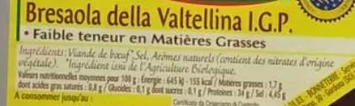 Lista de ingredientes del producto bresaola della valtellina IGP bonneterre 70 g