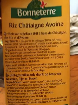 Lista de ingredientes del producto Riz Chataigne avoine Bonnterre 